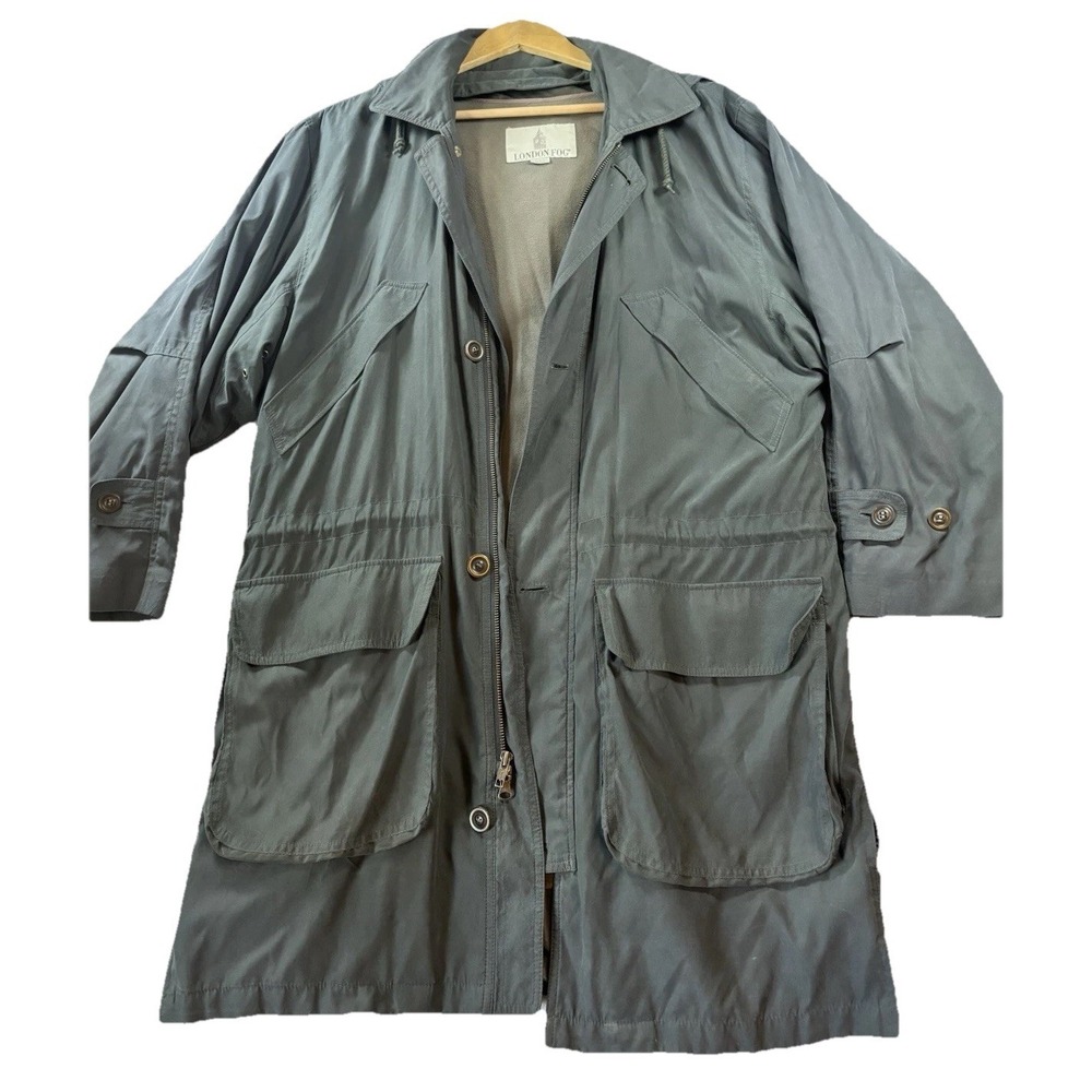 London Fog Men's 40R Gray Green‎ Microfiber Parka Jacket W/lining & Hood